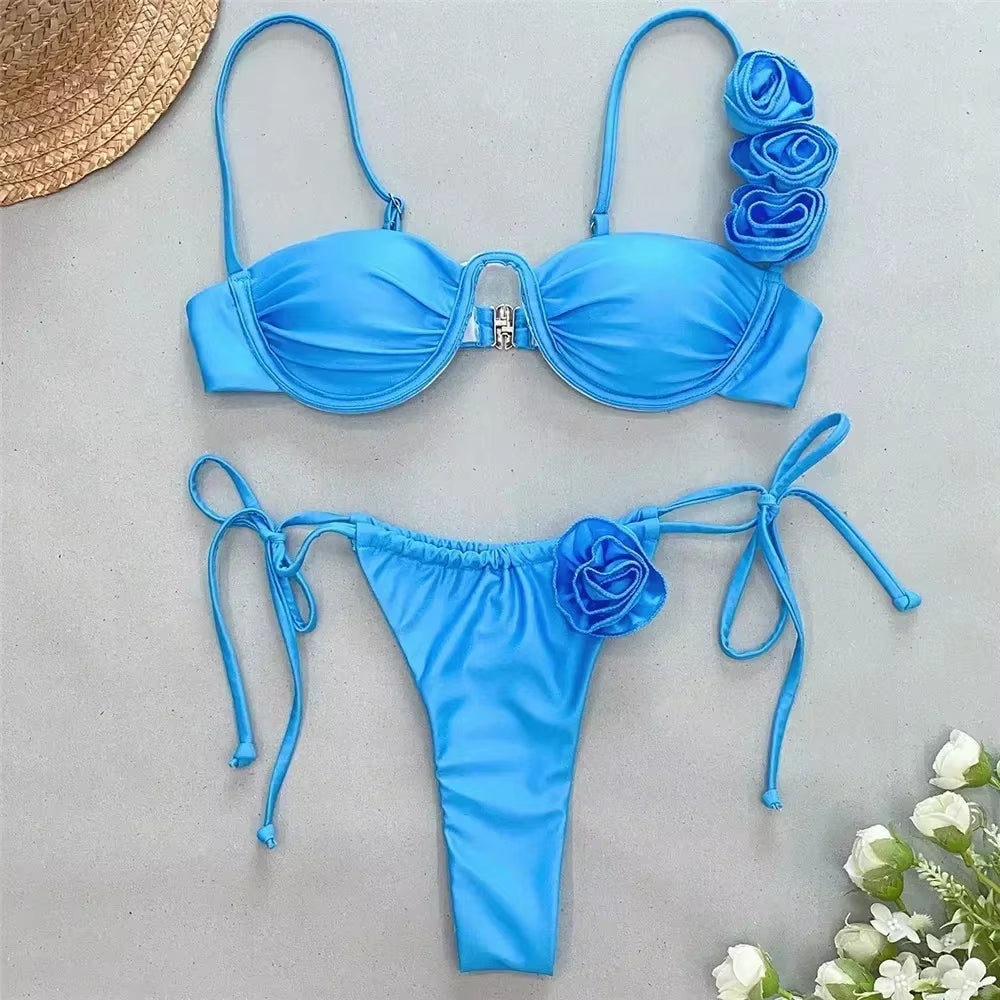 Sexy 3D Flower Shiny White Push up Bikini 2025 Women Swimwear Underwired Swimsuit High Cut Bathing Suit Wrinkled Bikinis Sets