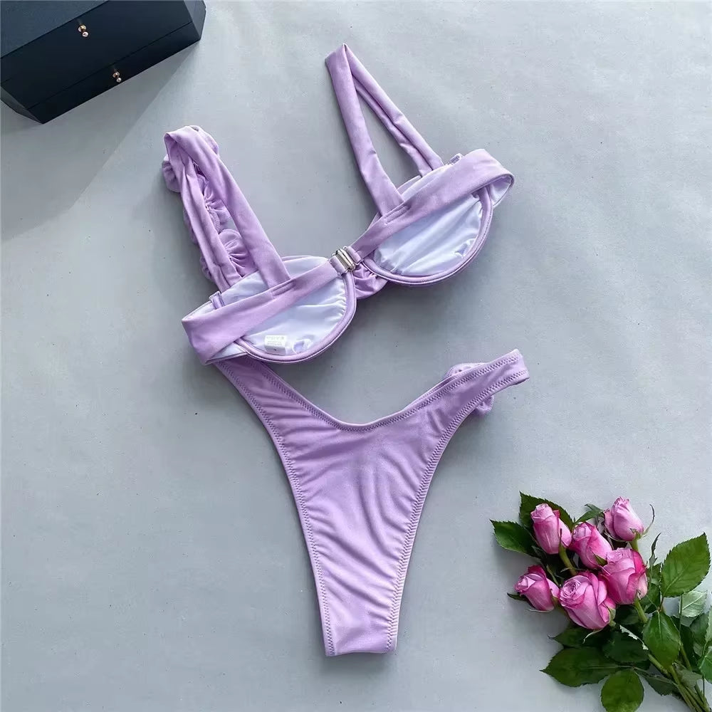 Sexy 3D Flower Shiny White Push up Bikini 2025 Women Swimwear Underwired Swimsuit High Cut Bathing Suit Wrinkled Bikinis Sets