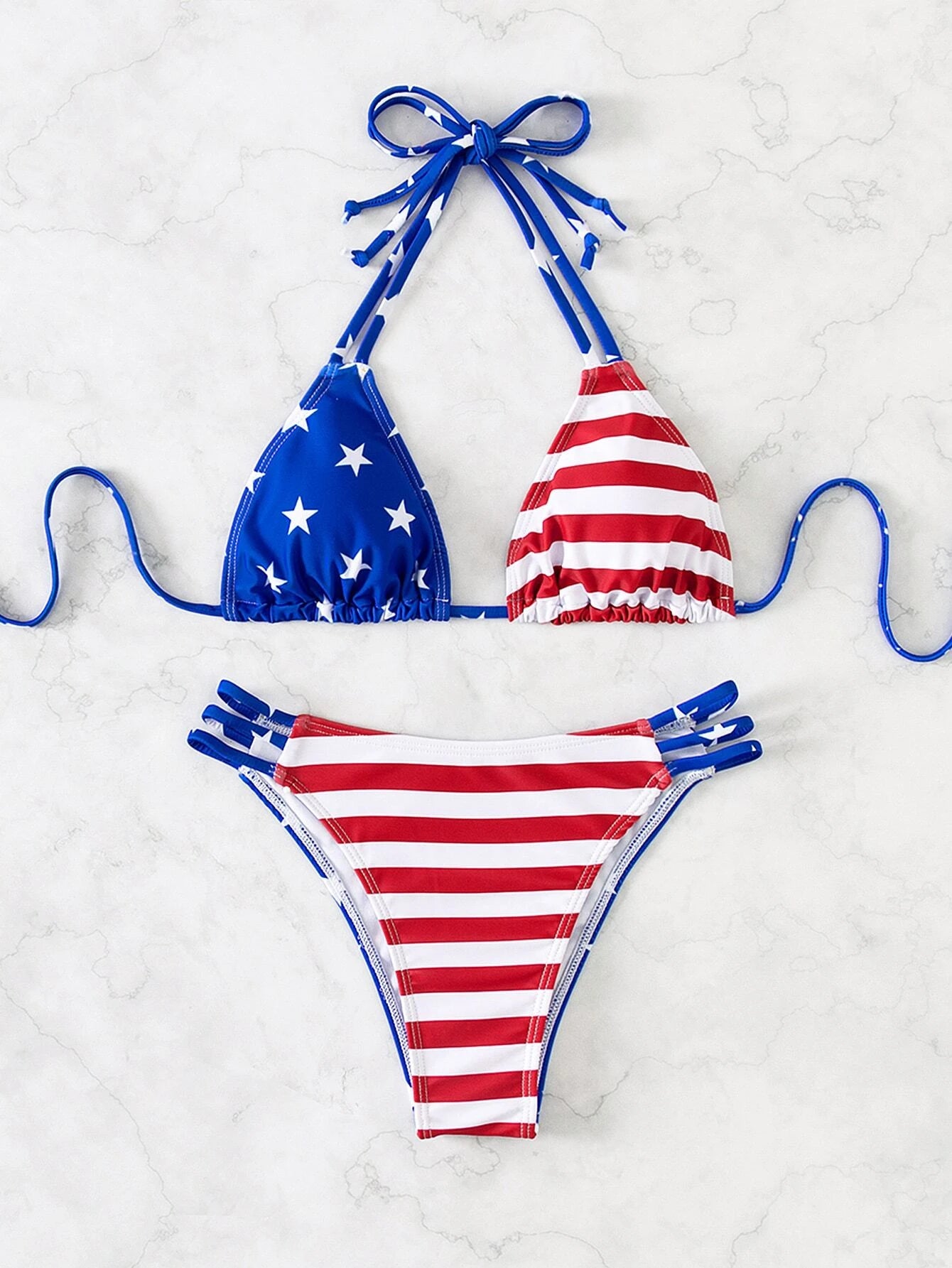 Summer Beach American Flag Print Bikini Set Halter Triangle Bra & Bikini Bottom 2 Pieces Bikini 4Th of July Bikini Set for Summer Beach