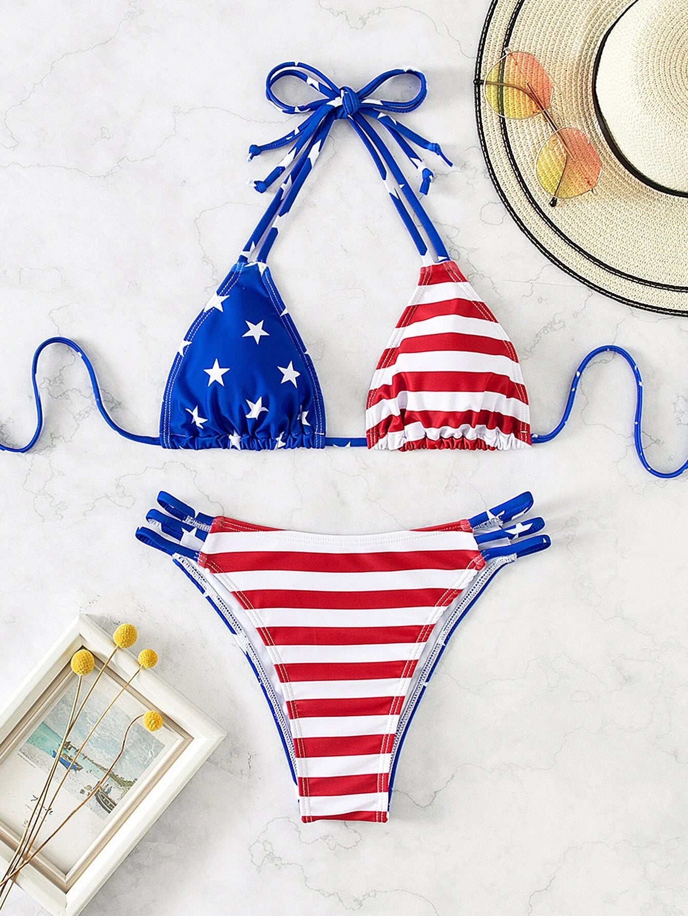 Summer Beach American Flag Print Bikini Set Halter Triangle Bra & Bikini Bottom 2 Pieces Bikini 4Th of July Bikini Set for Summer Beach