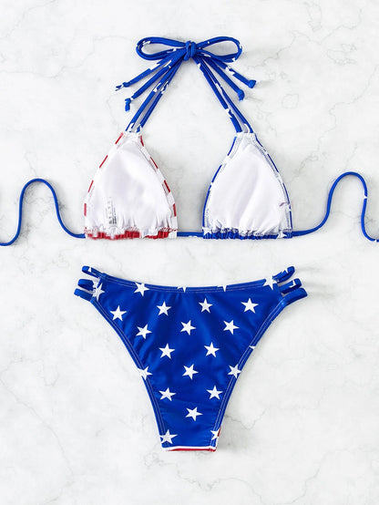 Summer Beach American Flag Print Bikini Set Halter Triangle Bra & Bikini Bottom 2 Pieces Bikini 4Th of July Bikini Set for Summer Beach