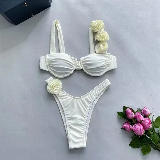 Sexy 3D Flower Shiny White Push up Bikini 2025 Women Swimwear Underwired Swimsuit High Cut Bathing Suit Wrinkled Bikinis Sets