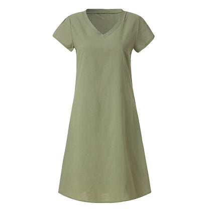 for Women,Fashion Women Loose V-Neck Summer Solid Short Sleeve Cotton and Linen Dress