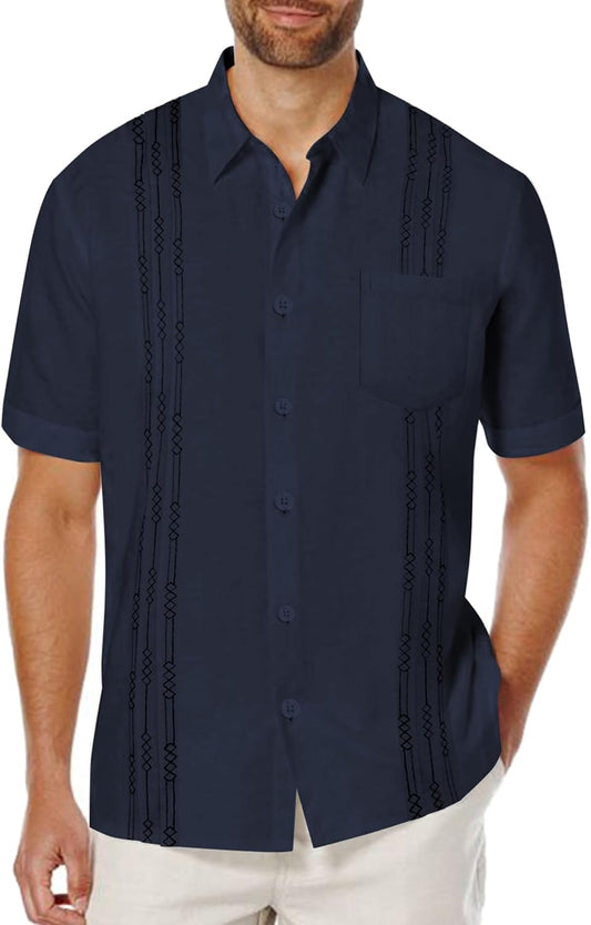 Men'S Linen Cuban Shirt Short Sleeve Beach Tops Mexican Guayabera Shirts Blue