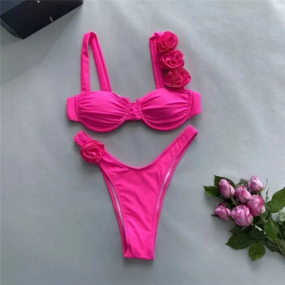 Sexy 3D Flower Shiny White Push up Bikini 2025 Women Swimwear Underwired Swimsuit High Cut Bathing Suit Wrinkled Bikinis Sets