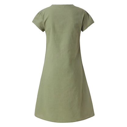 for Women,Fashion Women Loose V-Neck Summer Solid Short Sleeve Cotton and Linen Dress