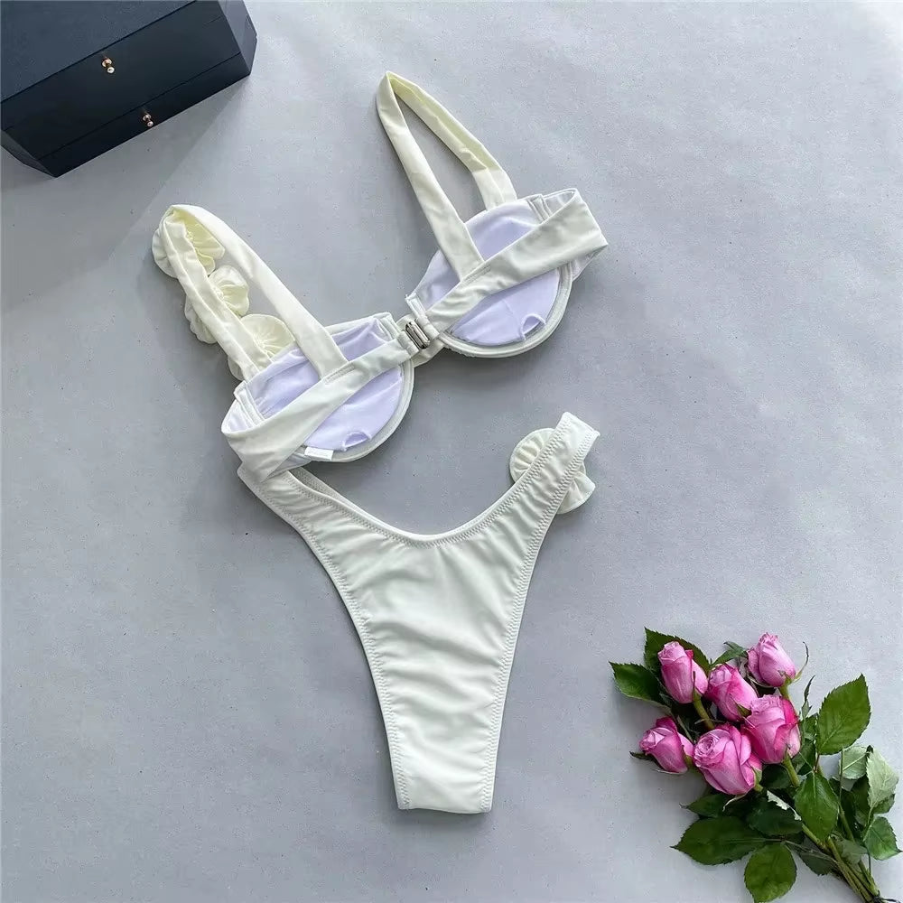 Sexy 3D Flower Shiny White Push up Bikini 2025 Women Swimwear Underwired Swimsuit High Cut Bathing Suit Wrinkled Bikinis Sets