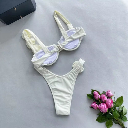 Sexy 3D Flower Shiny White Push up Bikini 2025 Women Swimwear Underwired Swimsuit High Cut Bathing Suit Wrinkled Bikinis Sets