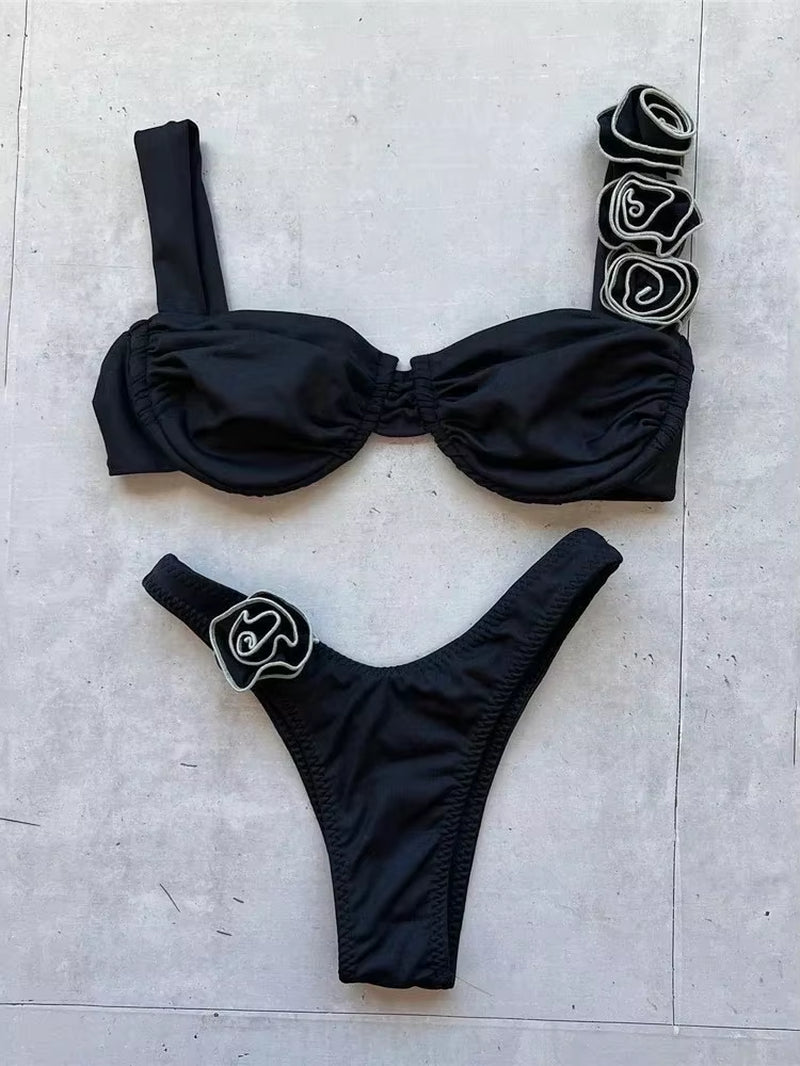Sexy 3D Flower Shiny White Push up Bikini 2025 Women Swimwear Underwired Swimsuit High Cut Bathing Suit Wrinkled Bikinis Sets