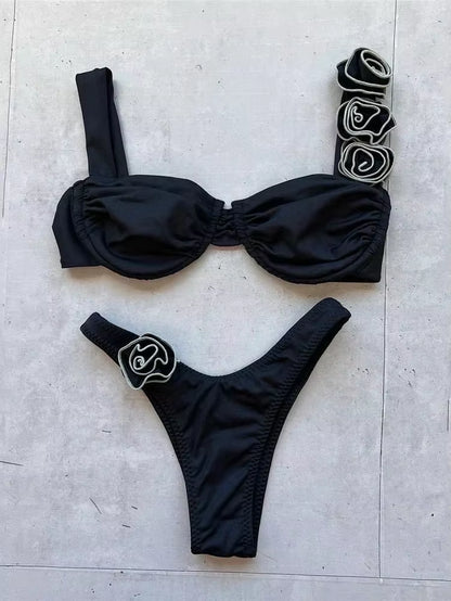 Sexy 3D Flower Shiny White Push up Bikini 2025 Women Swimwear Underwired Swimsuit High Cut Bathing Suit Wrinkled Bikinis Sets