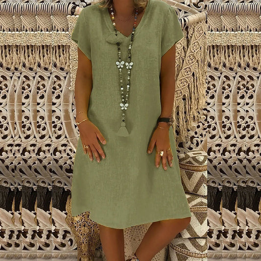 for Women,Fashion Women Loose V-Neck Summer Solid Short Sleeve Cotton and Linen Dress