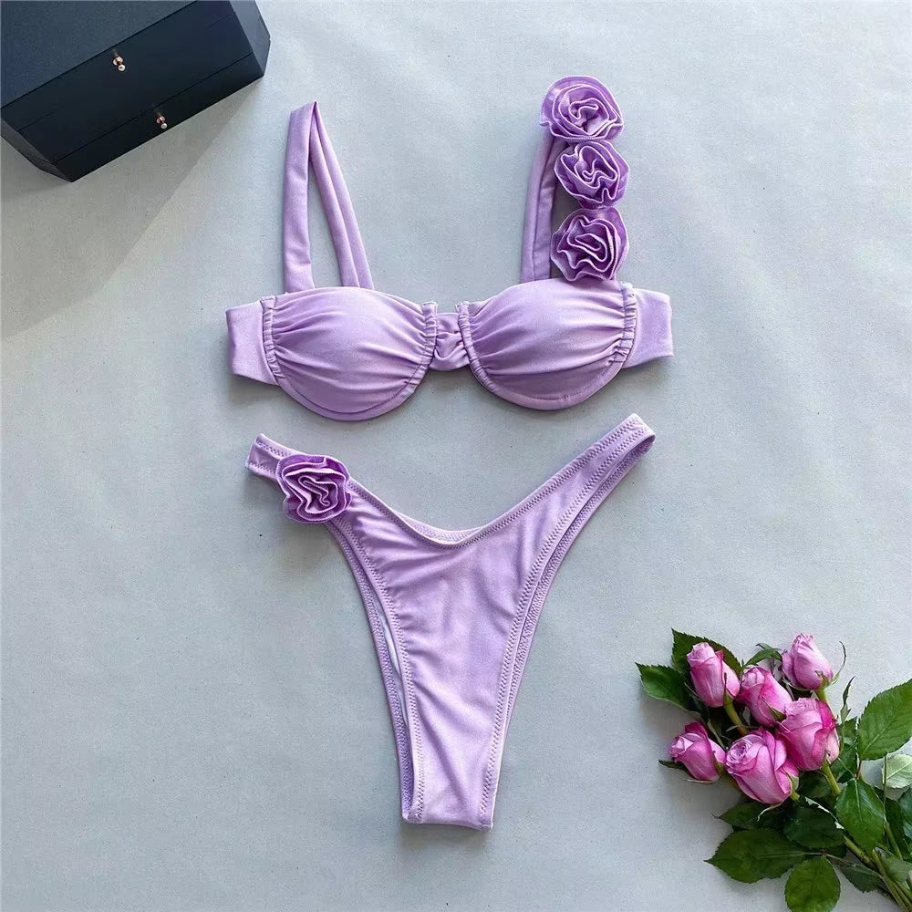 Sexy 3D Flower Shiny White Push up Bikini 2025 Women Swimwear Underwired Swimsuit High Cut Bathing Suit Wrinkled Bikinis Sets