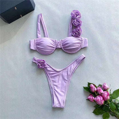 Sexy 3D Flower Shiny White Push up Bikini 2025 Women Swimwear Underwired Swimsuit High Cut Bathing Suit Wrinkled Bikinis Sets