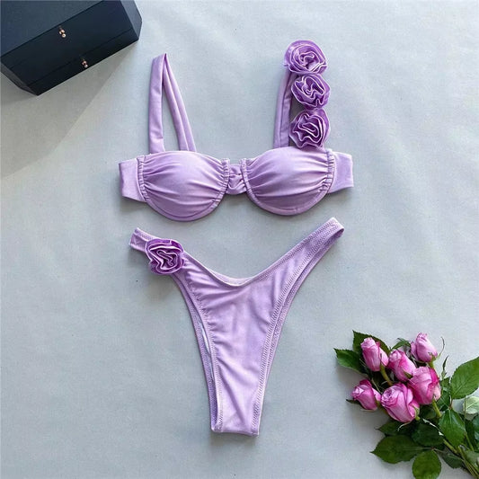 Sexy 3D Flower Shiny White Push up Bikini 2025 Women Swimwear Underwired Swimsuit High Cut Bathing Suit Wrinkled Bikinis Sets