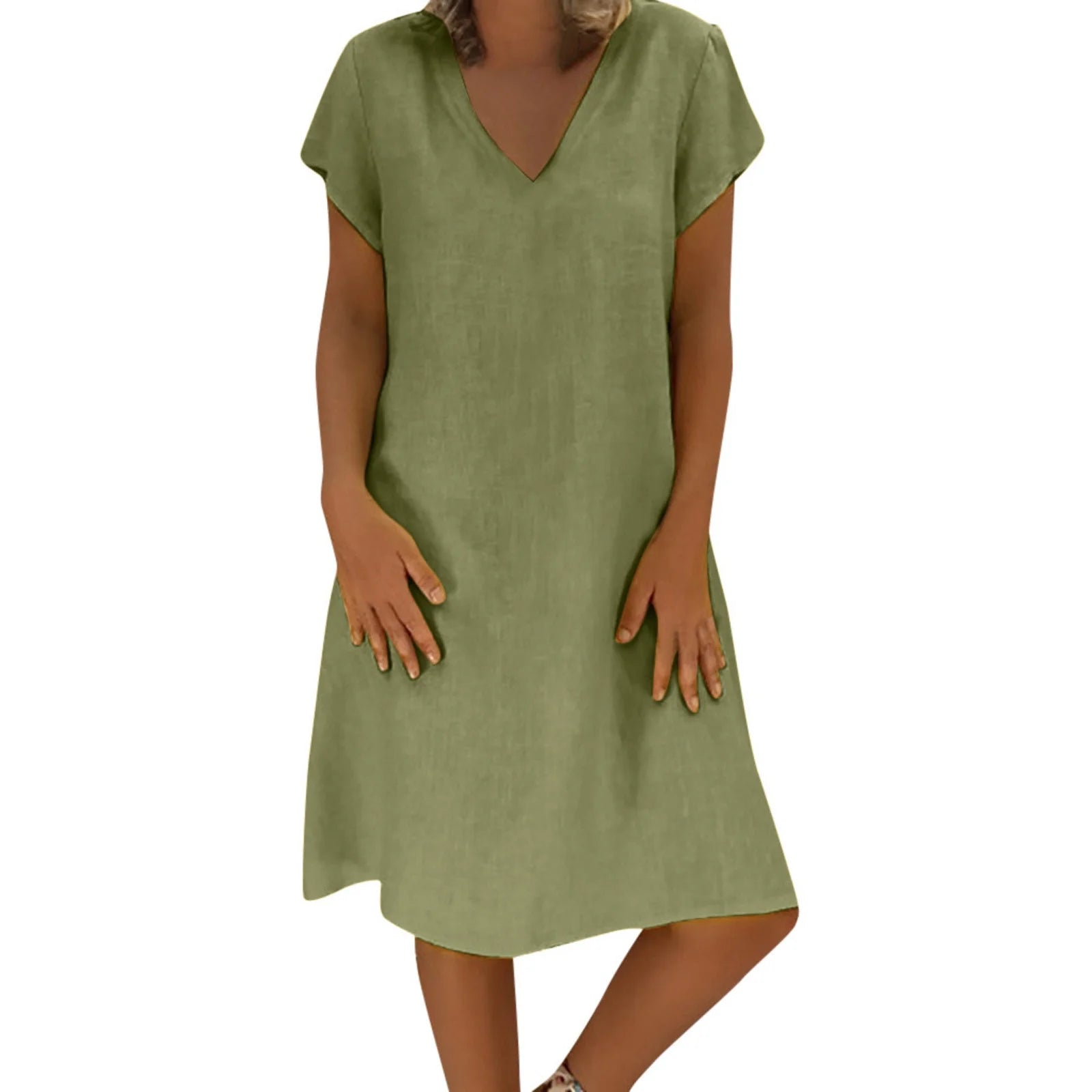 for Women,Fashion Women Loose V-Neck Summer Solid Short Sleeve Cotton and Linen Dress