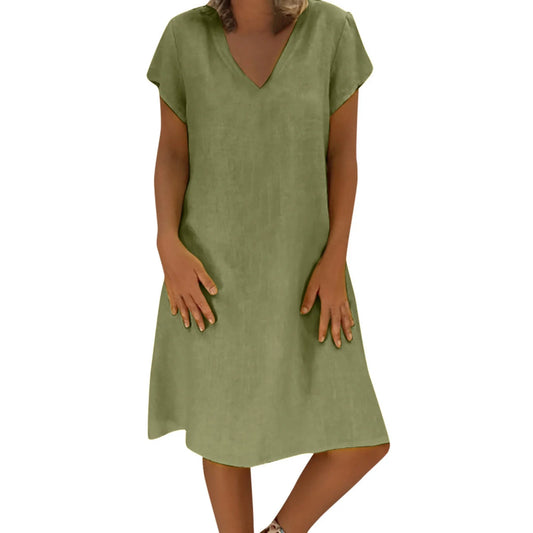 for Women,Fashion Women Loose V-Neck Summer Solid Short Sleeve Cotton and Linen Dress
